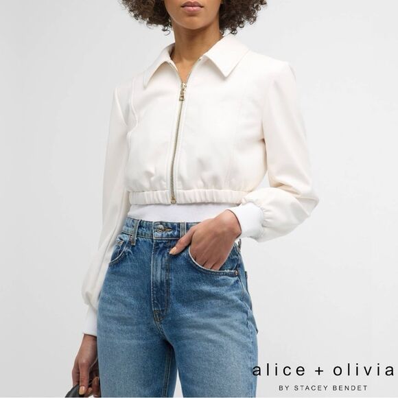 ALICE + OLIVIA **NWT** Della Off White Cropped Vegan Leather Bomber Jacket - Picture 1 of 10